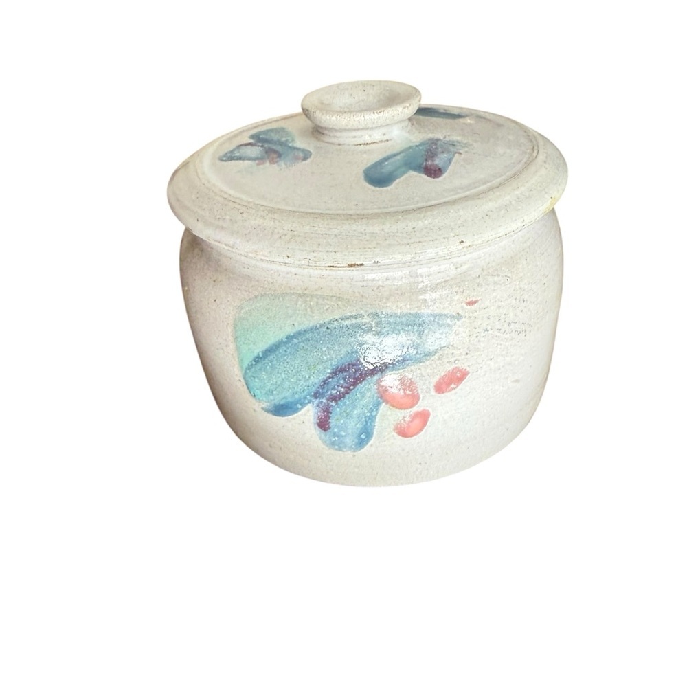 Blue and Red Ceramic Art Pot with Floral Design